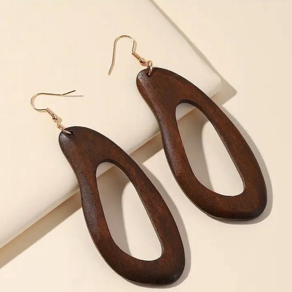 Brown Wooden Dangle Earrings Light Weight - Picture 1 of 4